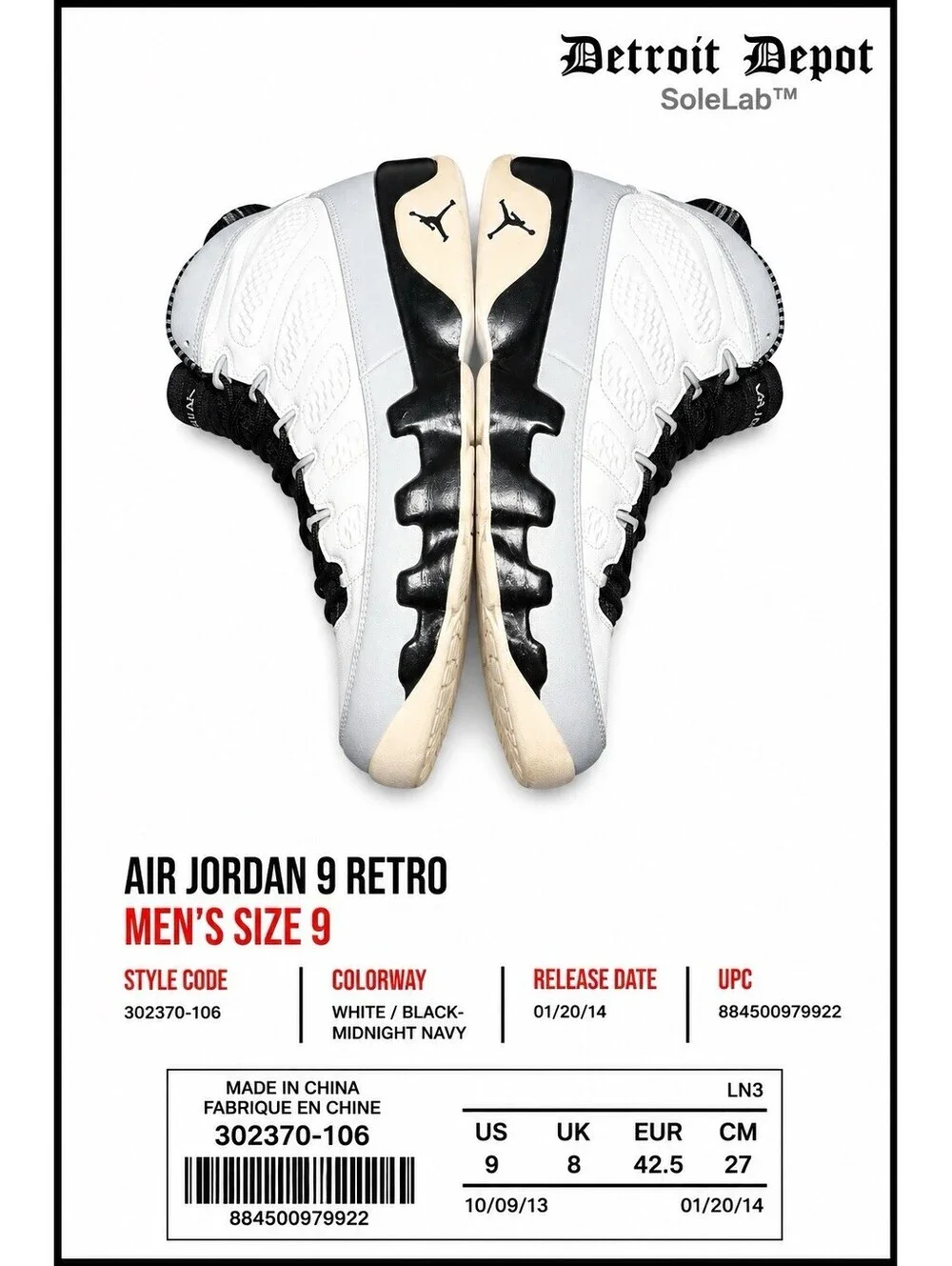 Nike Air Jordan 9 Retro Barons 2014 White Black 302370-106 Men’s Size 9